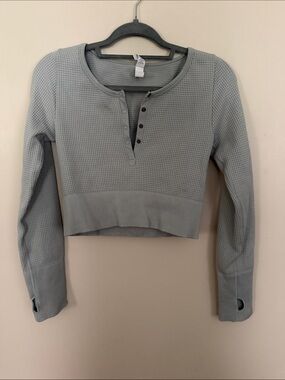 aerie Light Gray Waffle-Knit Henley Cropped Long-Sleeve Top